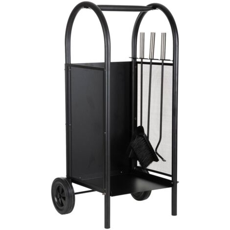 Leñero de metal con herramientas de chimenea negro 35x32x81