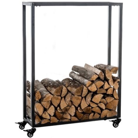 Leñero, estante de soporte de leña para chimenea con ruedas 100x60x25 cm en metal negro 100003530