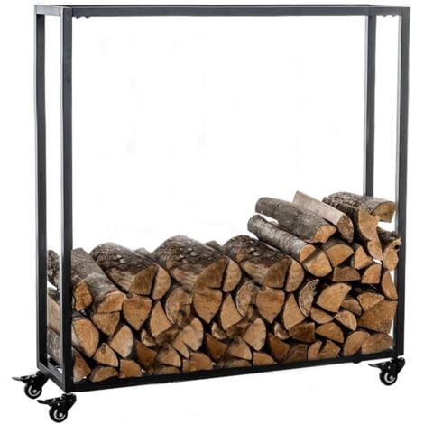 Leñero, estante de soporte de leña para chimenea con ruedas 100x80x25 cm en metal negro 100003532