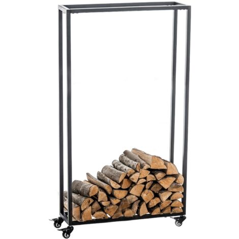 Leñero, estante de soporte de leña para chimenea con ruedas 150x60x25 cm en metal negro 100003531