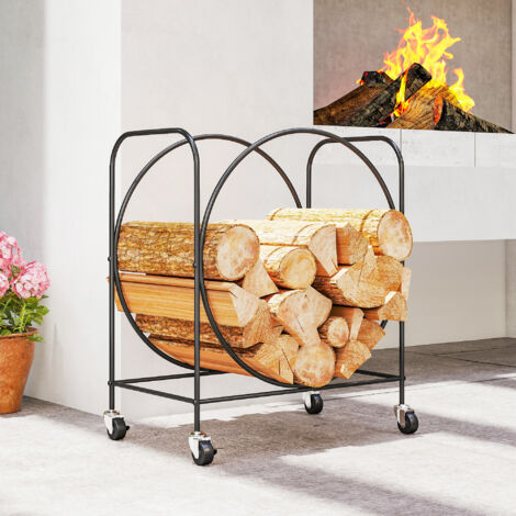 Leñero Exterior Metálico de Chimenea Soporte para Leña con Ruedas para Interior y Exterior 51x30x60 cm Negro