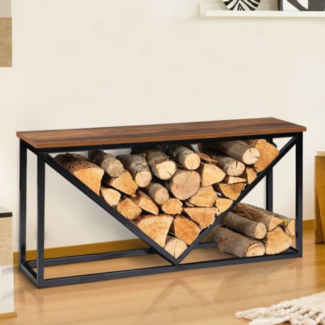 Leñero horizontal HAWKINS, acero negro, tapa de madera envejecida para chimeneas