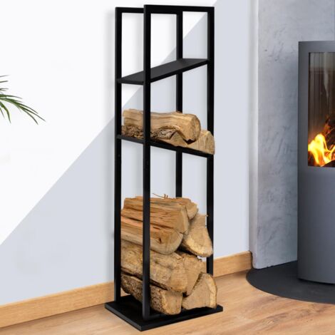 Leñero vertical de acero negro con 2 estantes H.112 CM para chimeneas