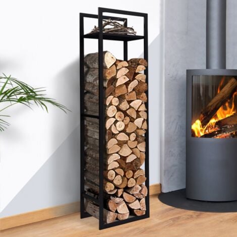 IDMARKET Leñero vertical de acero negro con estante H.170 CM para chimeneas