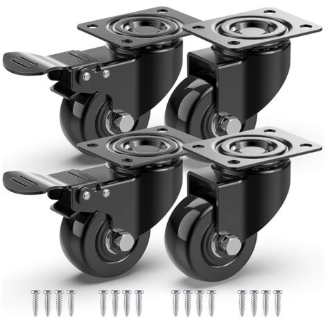 Lenkrollen für Möbel, 2 mit Bremsen + Schrauben – 50 mm, bis 200 kg – abriebfeste Rollen für schwere Lasten – Gummiräder für Transportwagen – Schwarz