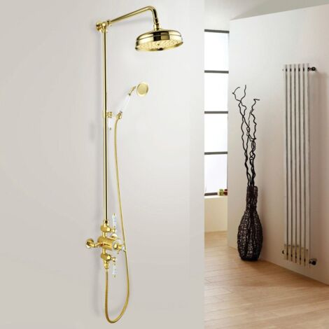 Lenor Round Gold Exposed Traditional Thermostatic Shower Mixer Dual Head Set - Slider Rail