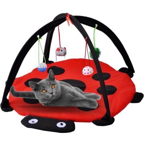 L'ensemble comprend : 1 panier + 4 jouets : balle, clochette, souris, plume, chat, chiot, tapis, matelas, coussin et parc.