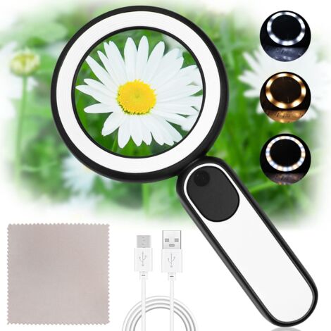 Lente d'ingrandimento 20X, lente d'ingrandimento da lettura illuminata ricaricabile tramite USB a 21 LED con 3 modalità per bambini anziani, lettura, gioielli, anziani, ipovedenti, osservazione e arti