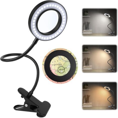 Lente d'ingrandimento a clip 5X, flessibile a 360° con luce, 3 colori e 10 livelli di luminosità, ideale per ufficio, studio, lettura, hobby e lavori manuali [Classe energetica D]
