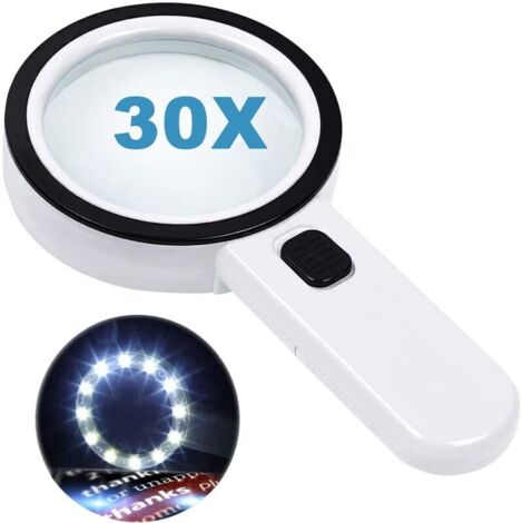 Lente d'ingrandimento da lettura con 12 luci LED, doppia lente in vetro con ingrandimento 30x. Per una facile lettura di monete, francobolli e carte. Ideale per chi soffre di degenerazione maculare.