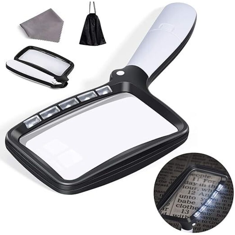 Image of Lente d'ingrandimento da lettura rettangolare con 5 luci LED, lente d'ingrandimento da lettura di grande formato 3x con LED dimmerabile per anziani,