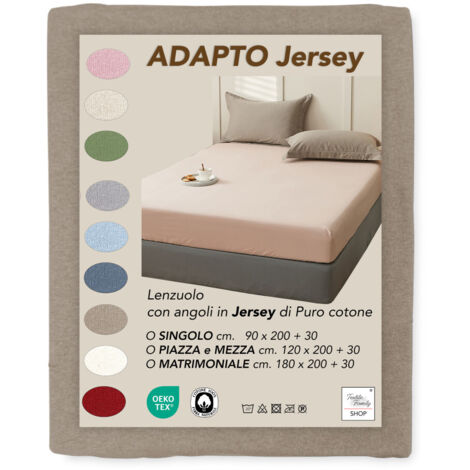 Lenzuola Sotto con Angoli Adapto Jersey Tortora - Cotone Elasticizzato H30cm - Singolo, Piazza e Mezza, Matrimoniale Cm. 180x200