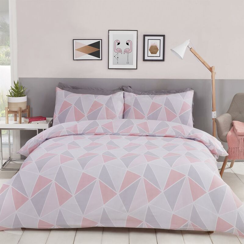 Rapport - Leo Geometric King Duvet Quilt Cover Bedding Set Pink/Grey
