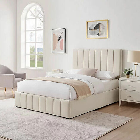 ECASA Leo Velvet Fabric Ottoman Storage Bed Frame Beige