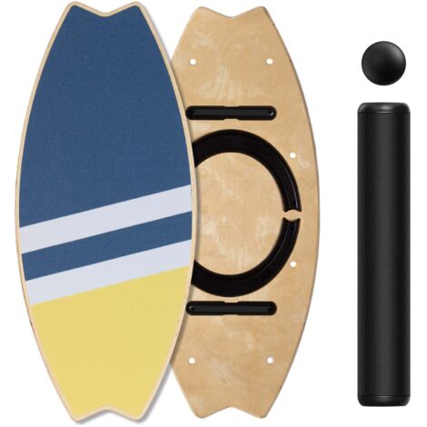Leogreen Balance Board aus Holz in Surfboard, 7 Schwierigkeitsstufen, bis 160 kg belastbar mit Verstellbaren Stoppern, Roller, Blau gelb
