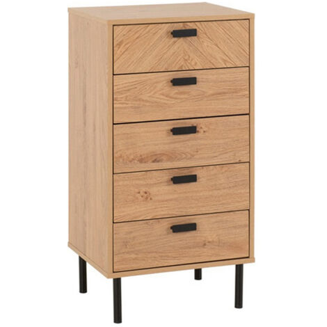 Leon 5 Drawer Narrow Chest - L40 x W48.5 x H93.5 cm - Medium Oak Effect