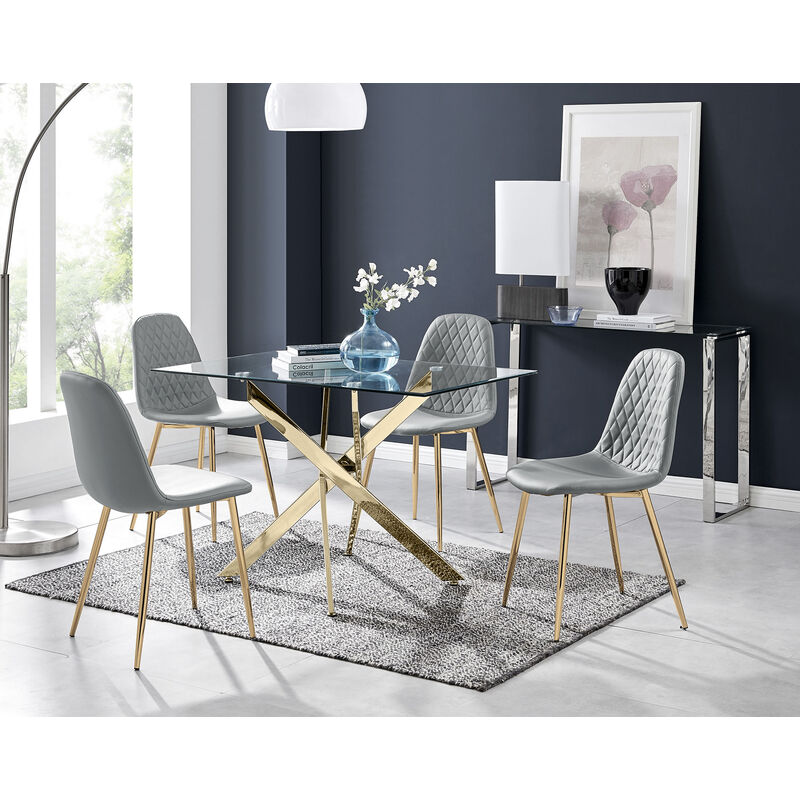 Furniturebox Leonardo 120cm Modern Glass And Gold Metal Leg Dining Table And 4 Elephant Grey Corona Faux Leather Dining Chairs with Gold Legs Diamond