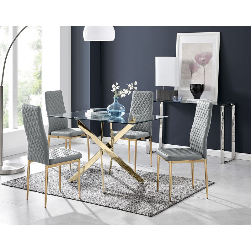 Furniturebox Leonardo 120cm Modern Glass And Gold Metal Leg Dining Table And 4 Elephant Grey Gold Leg Milan Faux Leather Silver Chrome Leg Dining