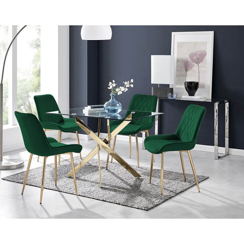 Furniturebox Leonardo 120cm Modern Glass And Gold Metal Leg Dining Table And 4 Green Pesaro Velvet Gold Leg Dining Chairs