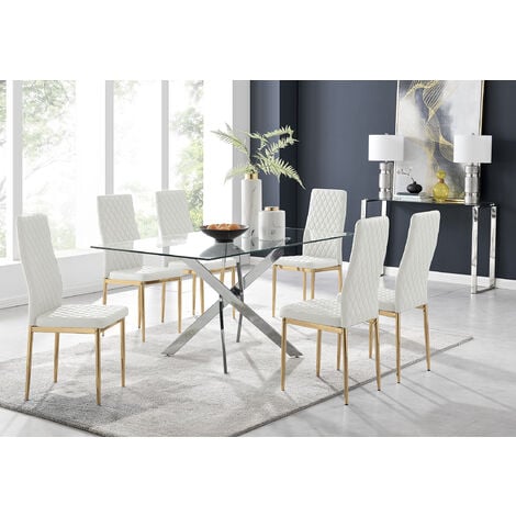Leonardo 6 Gold Dining Table and 6 Black Corona Silver Leg Chairs