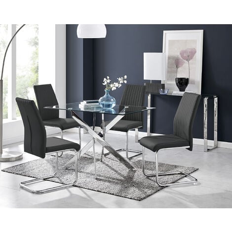Leonardo Glass And Chrome Metal Dining Table And 4 Lorenzo Dining Chairs