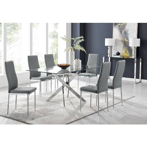 main image of "Leonardo Glass And Chrome Metal Dining Table And 6 Milan Chairs Dining Set"