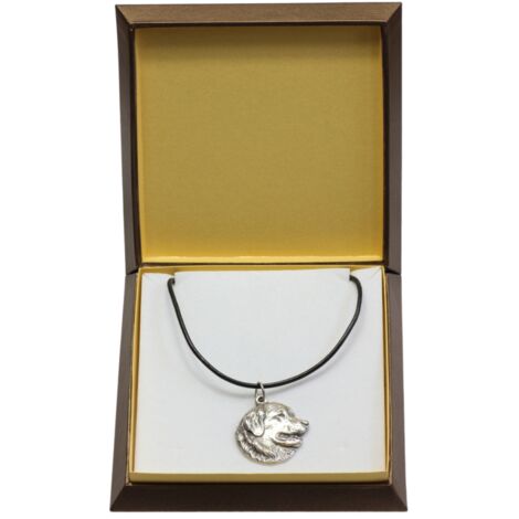 Leonberger - un collier avec un chien dans une boîte cadeau, un médaillon plaqué argent pour un amoureux des chiens, un pendentif impressionnant d'Art-Dog