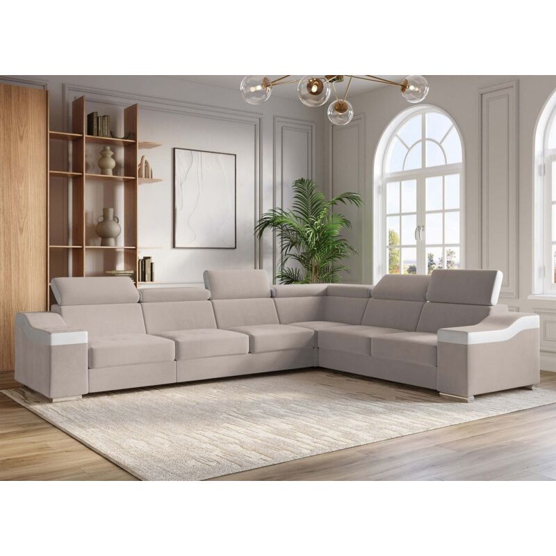 Deco In Paris - leonie - Canapé d'angle convertible réversible en velours beige et simili cuir blanc leonie