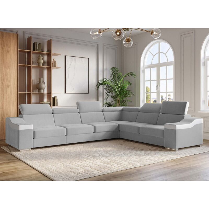 Deco In Paris - leonie - Canapé d'angle convertible réversible en velours gris clair et simili cuir blanc leonie