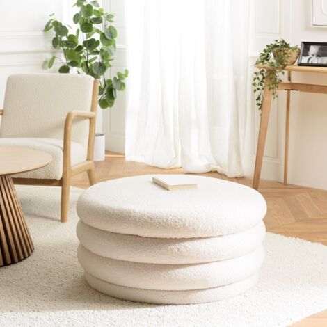 LEOPOLD - Pouf L en tissu bouclette écru avec rangement