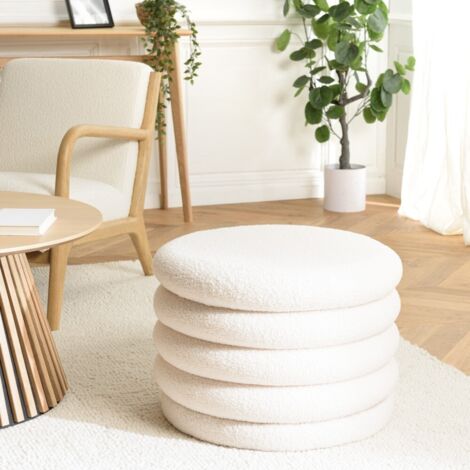 LEOPOLD - Pouf M en tissu bouclette écru avec rangement