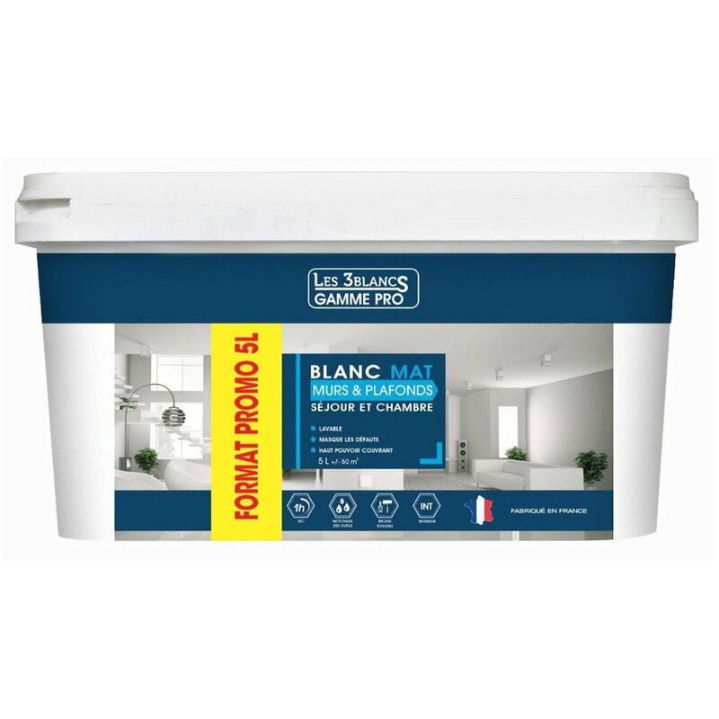 Peinture blanche mat 5 litres - LES 3 BLANCS