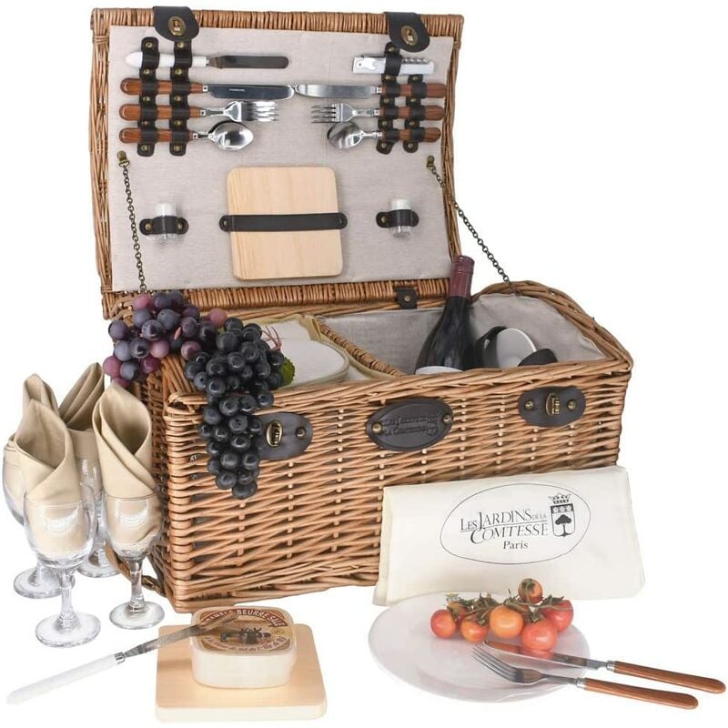 Gisors Panier pique-nique en osier - 4 personnes - compartiment isotherme - assiettes en céramique et verres à vin en cristal - tissu crème - 48 x 36