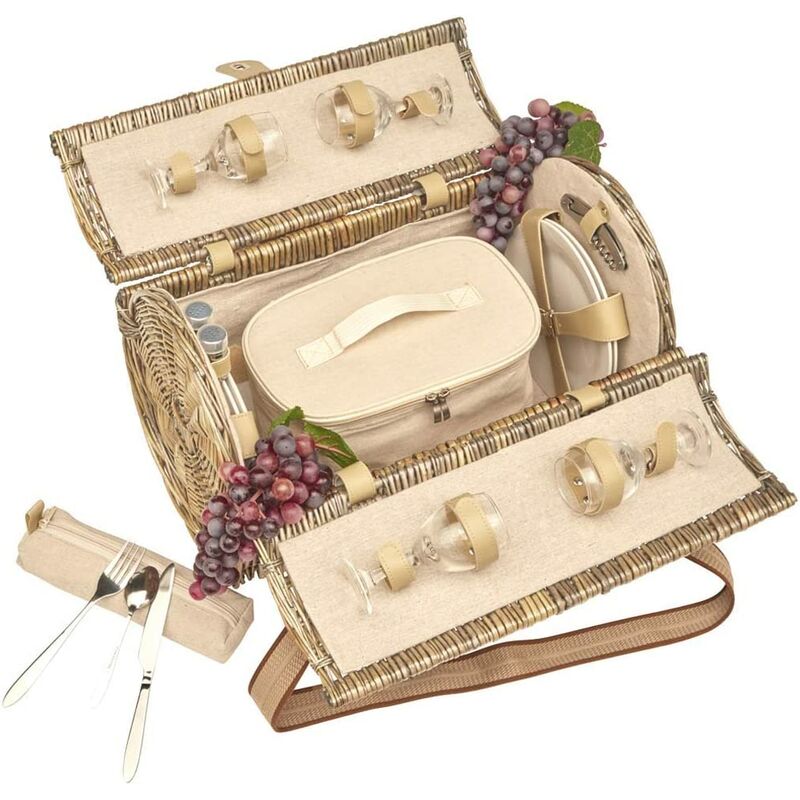 Panier en osier Opéra pour 4 personnes en beige, avec compartiment isotherme amovible - Dimensions : 47 x 30 x 30 cm Picnic - Les Jardins De La