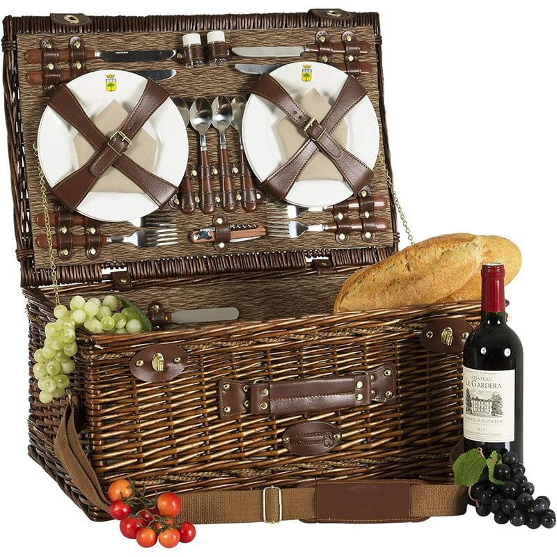 Panier pique-nique Palais Royal - Osier naturel - Complet/4 Pers - Compartiment isotherme - Assiettes en céramique/calices en verre - Tissu brun - 56