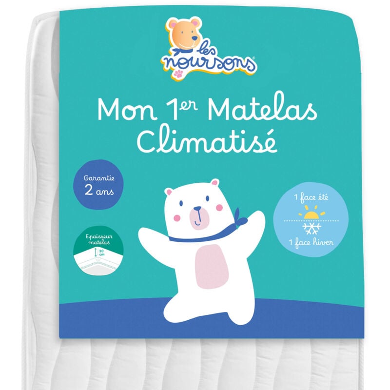 Les Noursons - Matelas Bébé Climatisé - 60x120 cm - Réversible - 1 face Été fraîche / 1 face Hiver ouatinée - OekoTex® - Fabrication Française