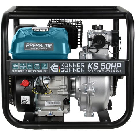 Motopompe à essence pour eau propre haute pression TM Könner & Söhnen KS 50HP, hauteur de relevage 50 m, profondeur d'aspiration 7 m, 7,0 CV, moteur thermique à 4 temps EURO V, motopompe de surface.
