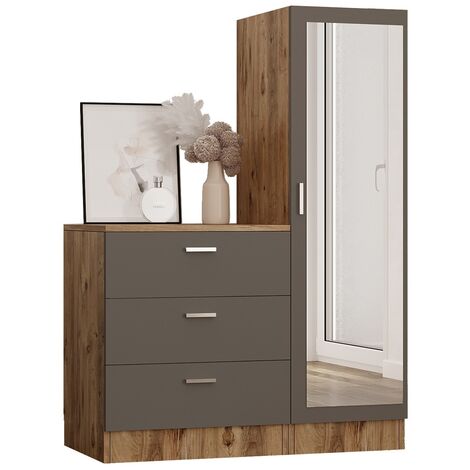 Les Tendances – Armoire 1 porte miroir et commode 3 tiroirs – Bois mélaminé blanc et noyer – Dimensions L 100 x H 140 x P 47 cm – Fabrication Europe