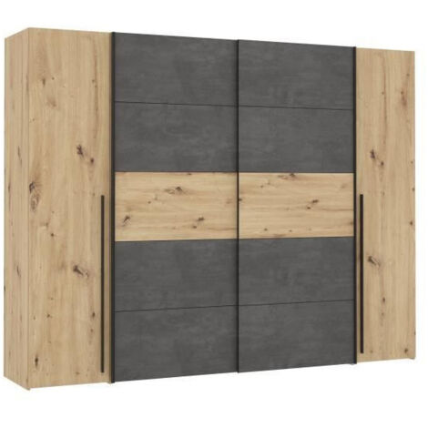 Les Tendances – Armoire 2 portes battantes et coulissantes – Décor chêne artisan et béton gris – L 270,3 x P 61,2 x H 210 cm – 8 tablettes et 2 tringles