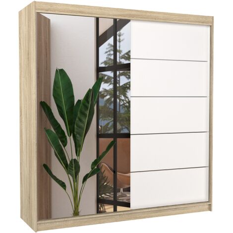 Les Tendances – Armoire chambre adulte 2 portes coulissantes 200cm – Bois naturel et blanc mat – Miroir intégré – Penderie et étagères réglables