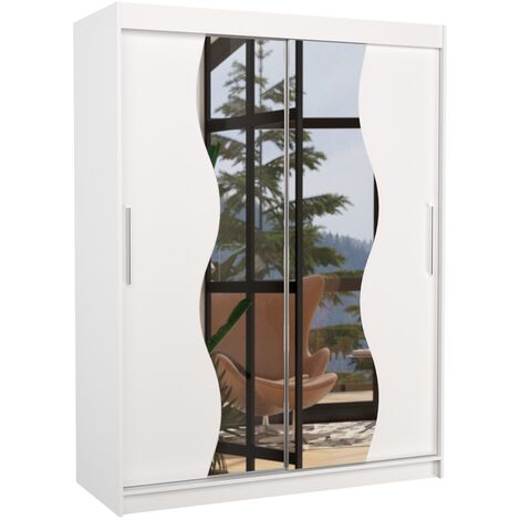 Les Tendances – Armoire blanche 150cm 2 portes coulissantes avec miroir – Bois blanc mat – Dimensions H 200 x P 58 cm – Espace de rangement optimisé