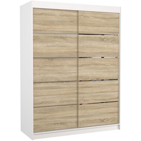 Les Tendances – Armoire blanche 2 portes coulissantes 150cm – Bois clair mat et aluminium – Aménagement intérieur avec étagères réglables et penderie