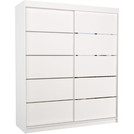 Les Tendances – Armoire de chambre à coucher 2 portes coulissantes 180cm – Façade bois blanc mat et aluminium – Aménagement penderie et étagères réglables