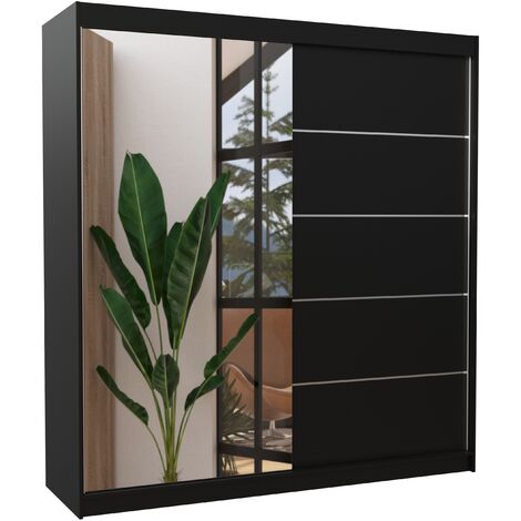Les Tendances – Armoire chambre adulte 200cm – 2 portes coulissantes – Bois noir mat et miroir – Penderie et étagères réglables – Design moderne