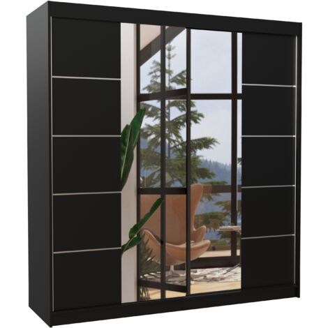 Les Tendances – Armoire chambre adulte 200cm – 2 portes coulissantes – Bois noir mat et miroir – Penderie et étagères réglables – Montage facile