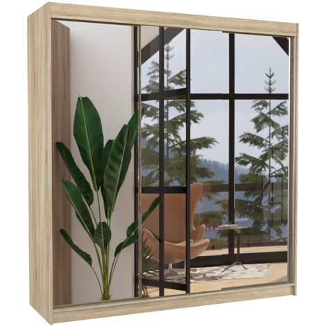 Les Tendances – Armoire chambre adulte 200cm 2 portes coulissantes en bois clair et miroir – Penderie et étagères réglables – Design moderne