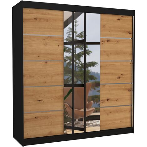 Les Tendances – Armoire chambre adulte 200cm – 2 portes coulissantes en bois noir et bois artisan – Miroir intégré – Design contemporain avec étagères
