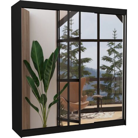 Les Tendances – Armoire chambre adulte 200cm – 2 portes coulissantes en bois noir et miroir – Aménagement intérieur avec penderie et étagères réglables