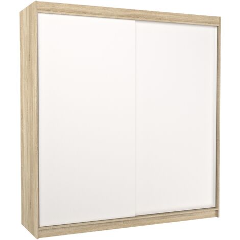 Les Tendances – Armoire chambre adulte 200cm – Bois clair et blanc – 2 portes coulissantes avec système d'enroulement – Penderie et étagères réglables