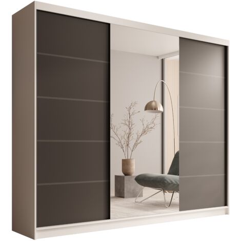 Les Tendances – Armoire coulissante 3 portes 250 cm avec miroir – Panneaux stratifiés 16 mm – Intérieur 11 étagères + tringles penderie – Aluminium